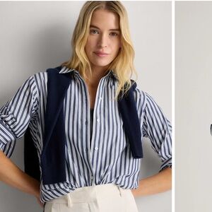 Quince 100% Organic Cotton Poplin Long Sleeve Shirt - Blue/White Stripe